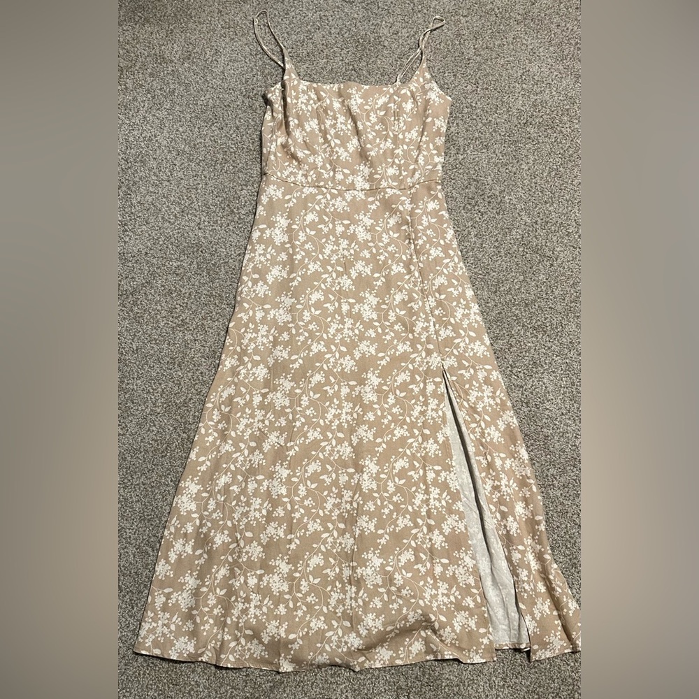 Francesca’s Floral Tan Midi Dress with Slit